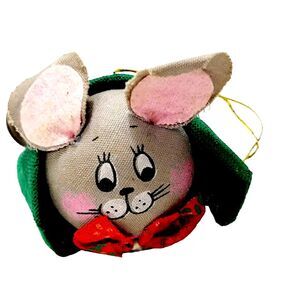 Enesco Mouse Wrapped in Green Felt Blanket Christmas Ornament 1960s 2.5" Long